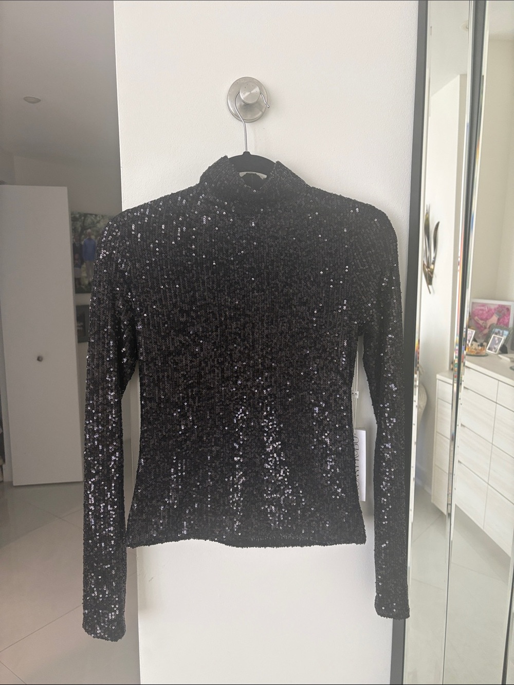 NWT Chic Ronny Kobo Black Reflecting Sequin Mock Neck Top